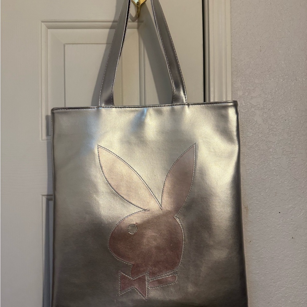 PLAYBOY Silver Metallic Tote Bag with Bunny Logo